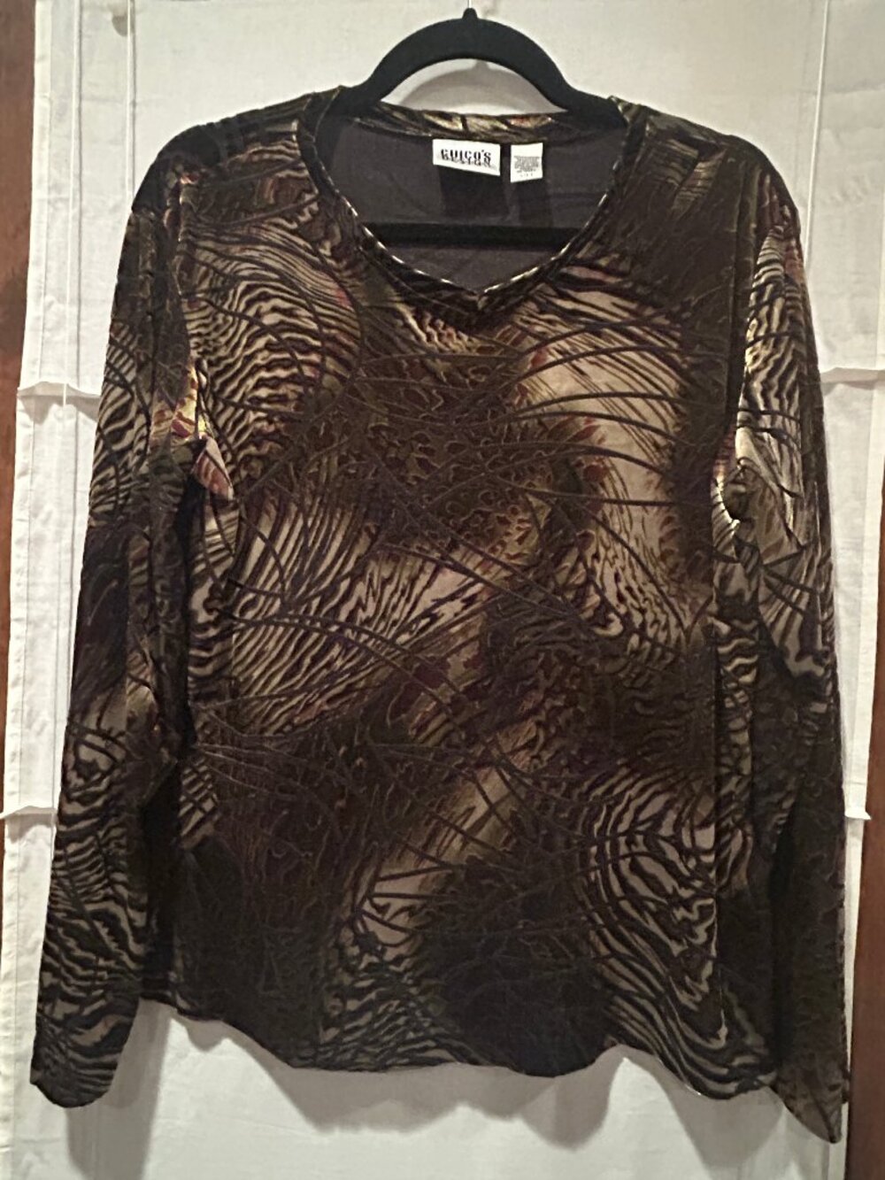 Chico's Velvet Brown and Gold Abstract Animal Print Long Sleeve Shirt Size 2